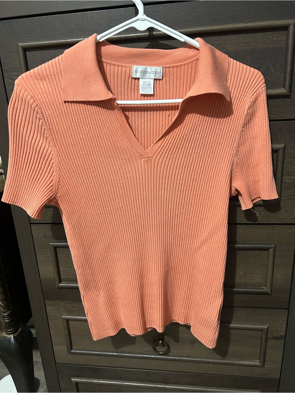 Worthington Short-Sleeve Ribbed V-Neck Polo Top in Coral Peach